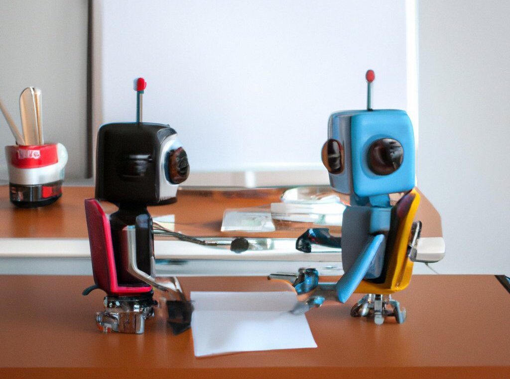 Robots copywriters during a brainstorming session