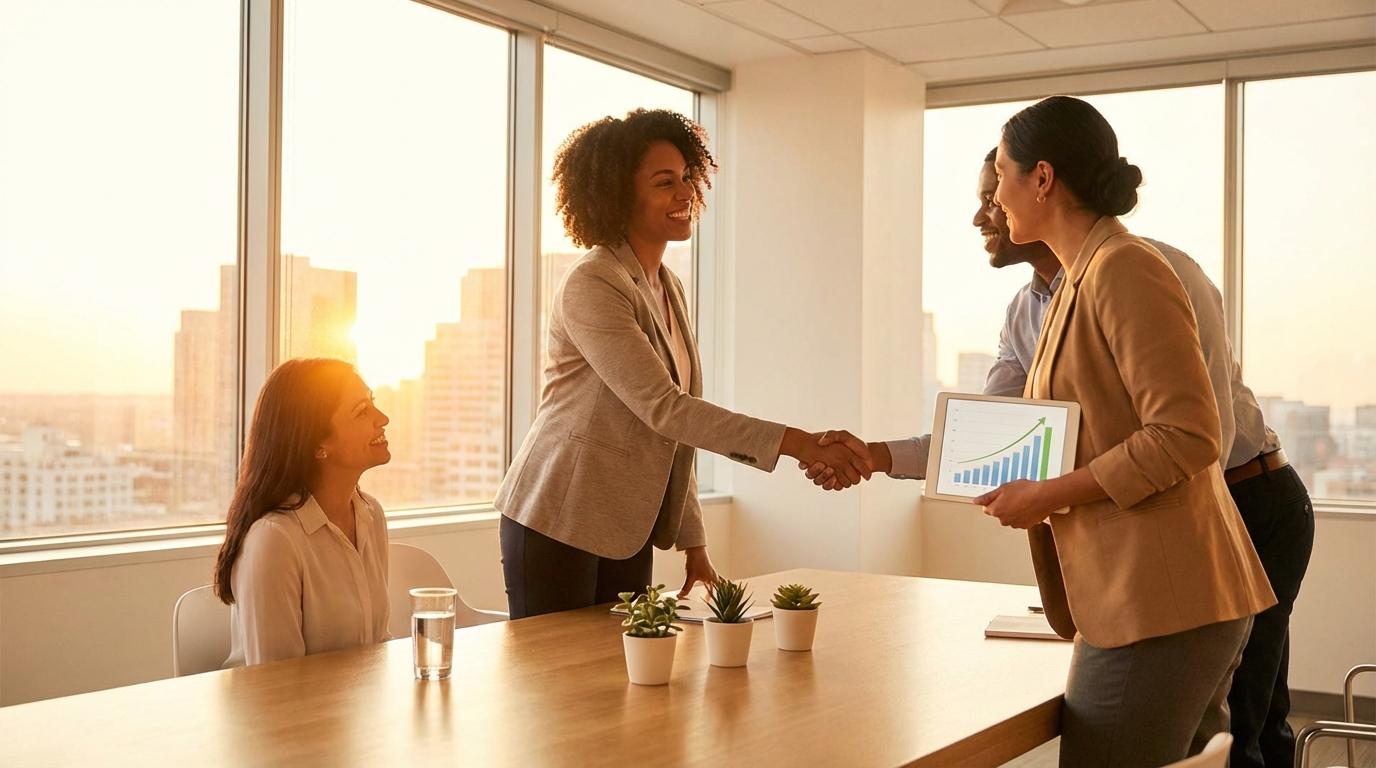 Business professionals in warm morning light celebrating a successful POC outcome