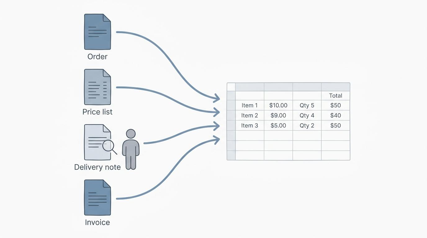 Diagram of four business documents flowing into one spreadsheet, with a person checking