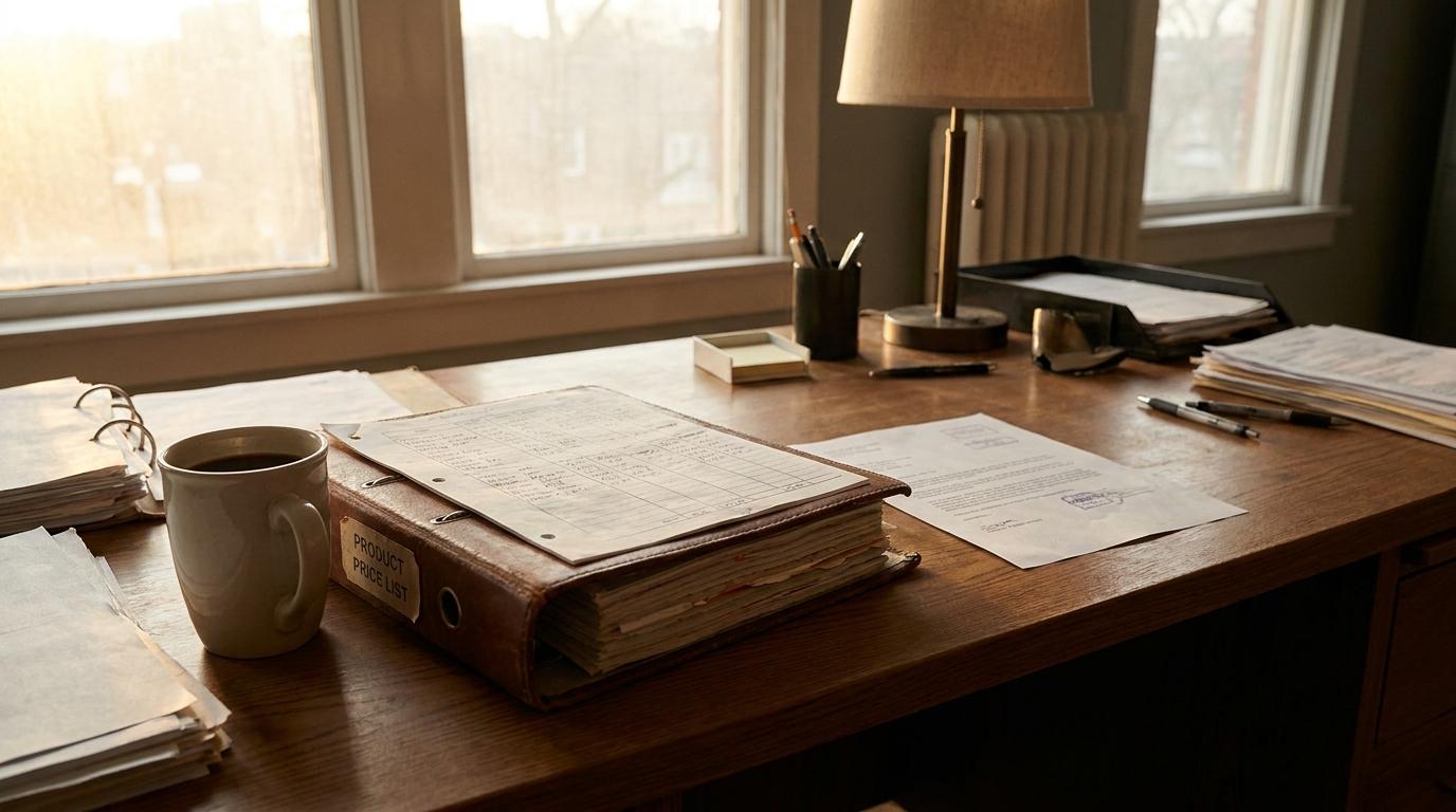 Order desk in early morning with a printed order, price list binder and coffee