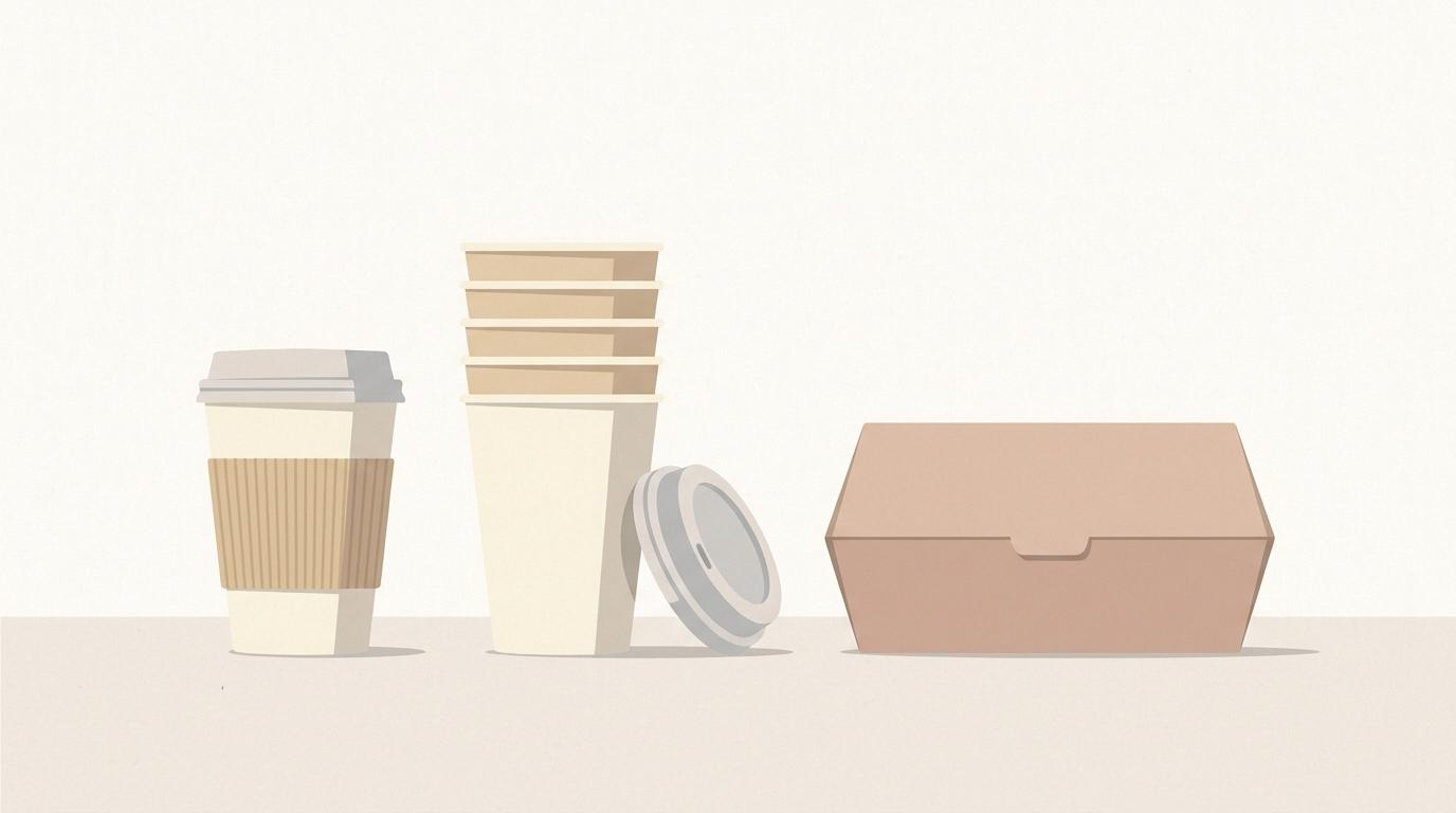 A paper cup, a sleeve of cups and a cardboard case with a loose lid