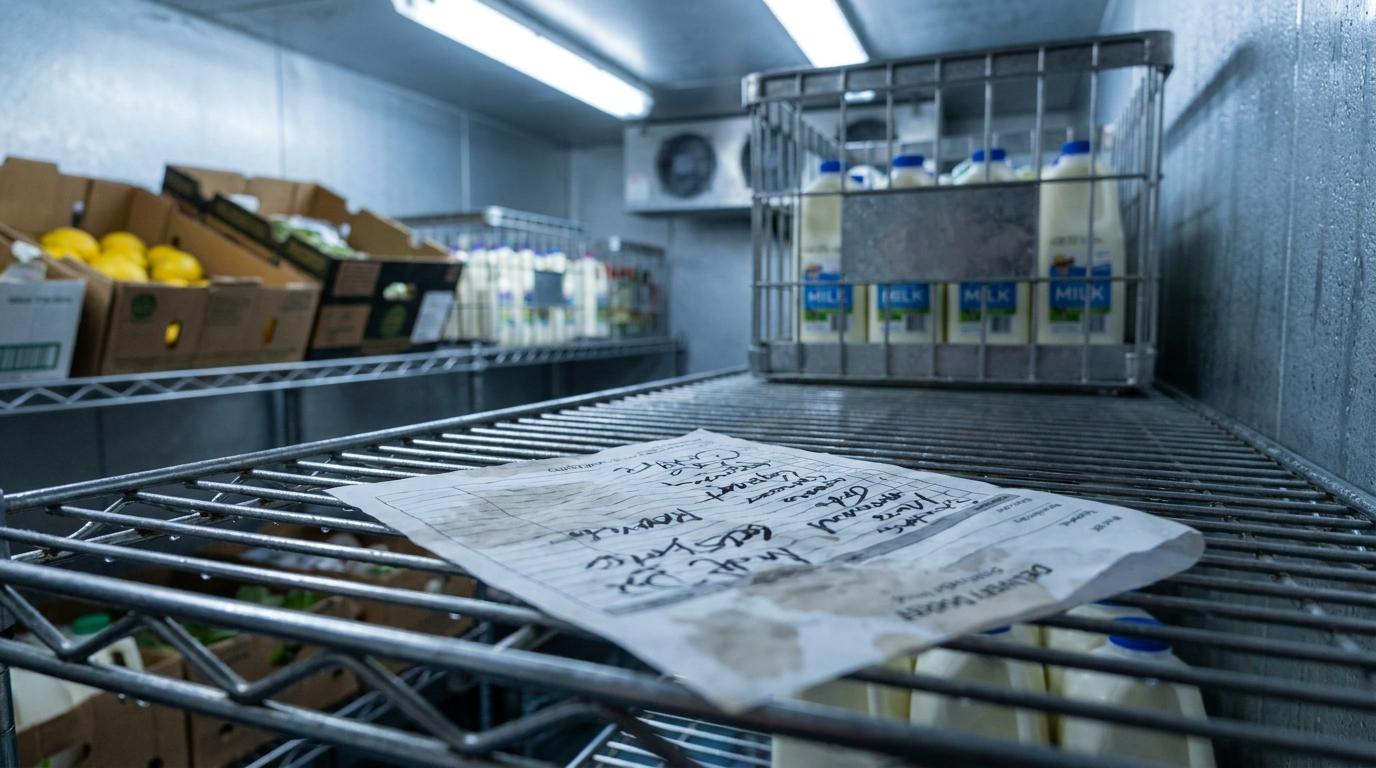 Handwritten order docket on a steel shelf inside a cafe walk-in cooler